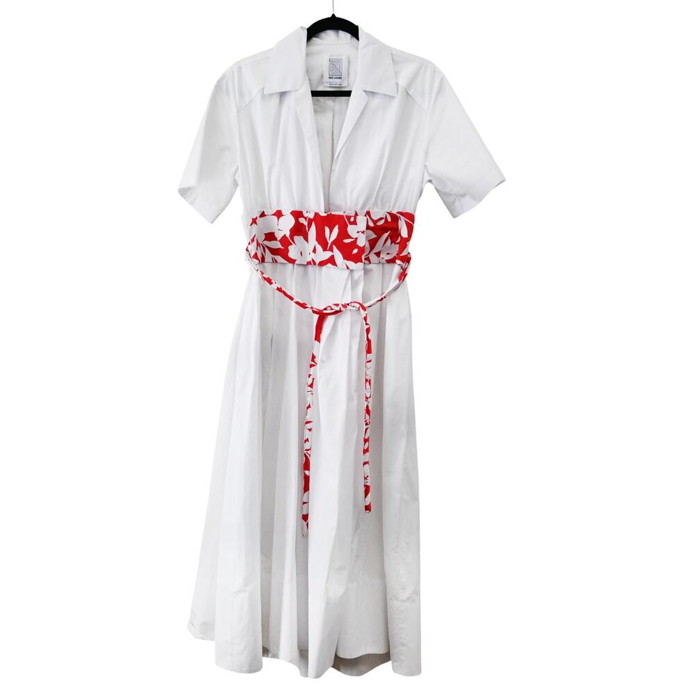 Rosie Assoulin White Cotton Shirt Dress Sz 8 Red Floral Belted Short Sleeve